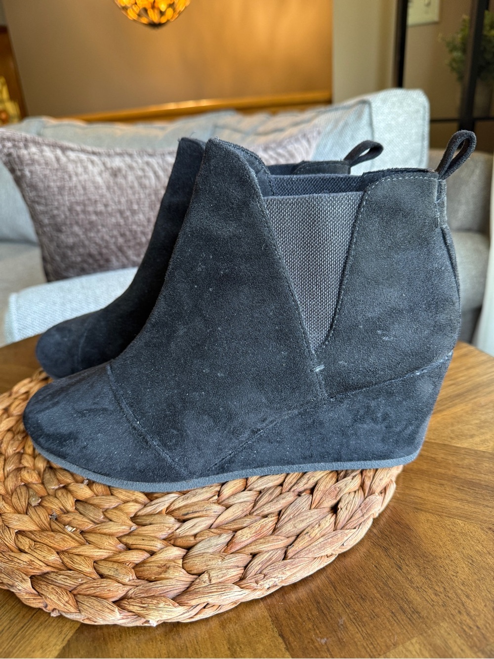 Black Suede Wedge Ankle Boot - Dunes